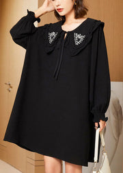 Casual Black Double-Layer Collar Lace Up Cotton Mid Dress Spring