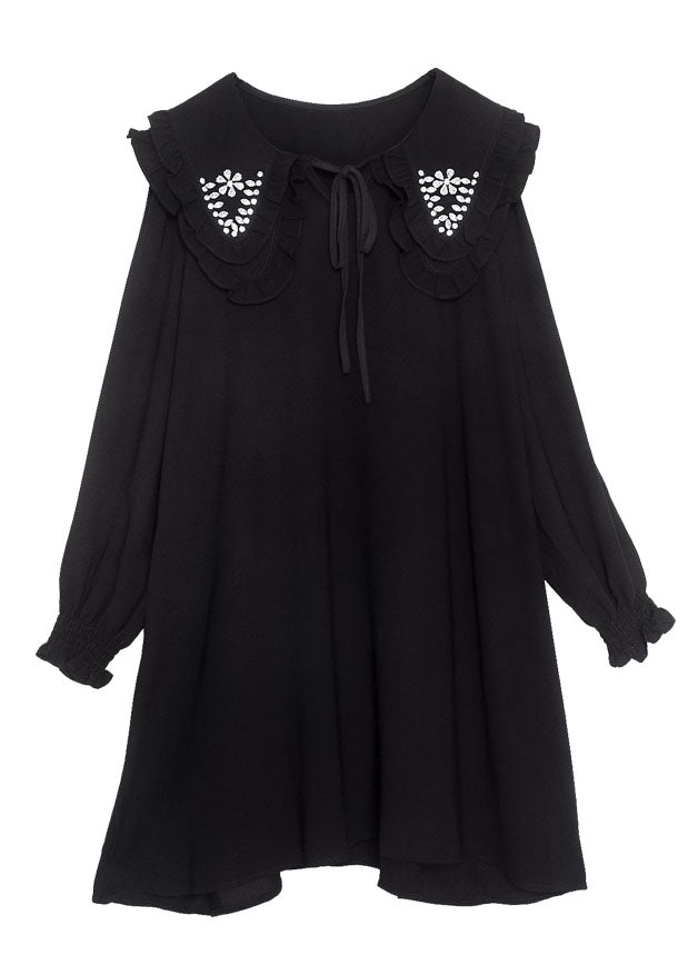 Casual Black Double-Layer Collar Lace Up Cotton Mid Dress Spring