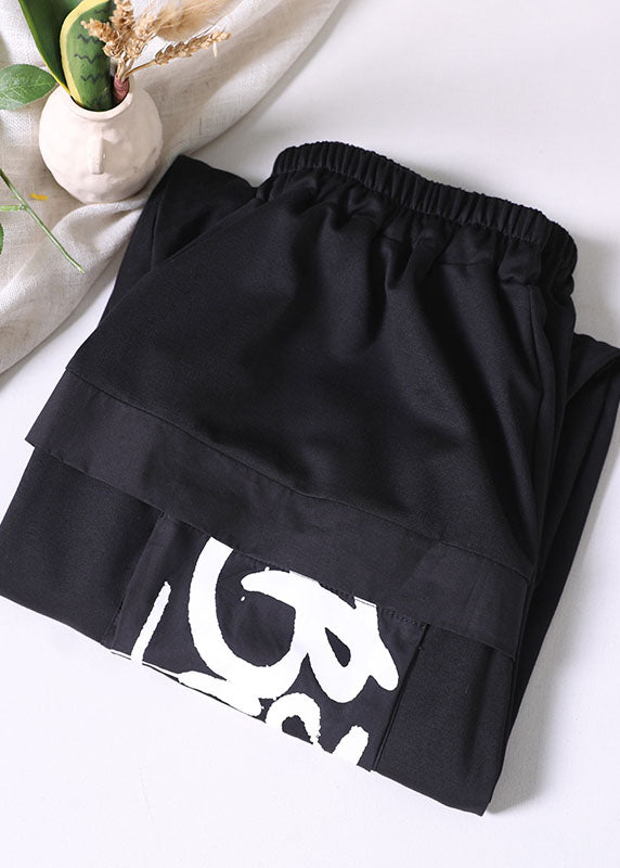 Casual Black Elastic Waist Pockets Letter Print Cotton Crop Pants Summer