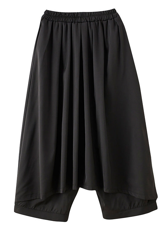 Casual Black Elastic Waist Pockets Solid Wide Leg Pants Skirt Summer