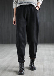 Casual Black Elastic Waist Pockets Warm Fleece Denim Harem Pants Winter