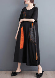 Casual Black Embroidered Floral Drawstring Long Dress Short Sleeve