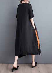 Casual Black Embroidered Floral Drawstring Long Dress Short Sleeve