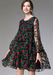 Casual Black Embroidered Floral Tulle Lace A Line Dress Long Sleeve