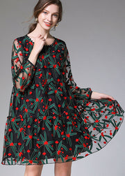 Casual Black Embroidered Floral Tulle Lace A Line Dress Long Sleeve