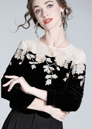 Casual Black Embroidered Patchwork Silk Velour T Shirt Spring