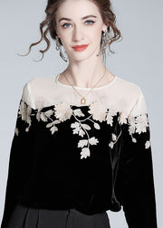 Casual Black Embroidered Patchwork Silk Velour T Shirt Spring