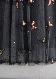 Casual Black Embroidered Sequins Layered Tulle A Line Skirt Summer