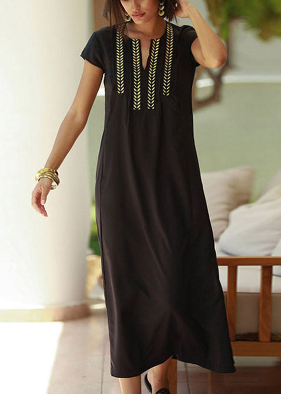 Casual Black Gold Embroidered Floral Long Beach Dresses Summer