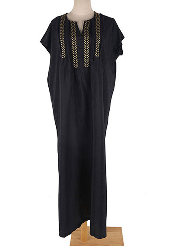 Casual Black Gold Embroidered Floral Long Beach Dresses Summer