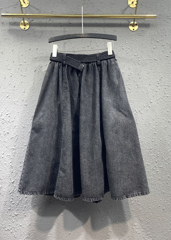Casual Black Gray Elastic Waist Pleated Pocket Denim Skirt Autumn