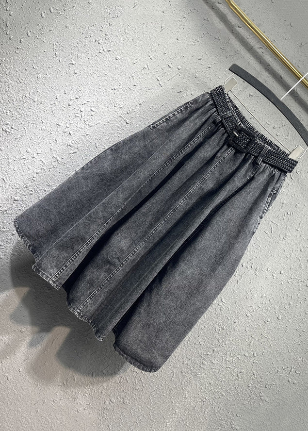 Casual Black Gray Elastic Waist Pleated Pocket Denim Skirt Autumn