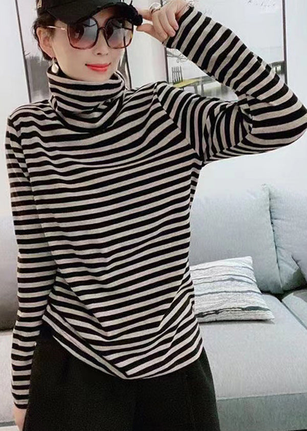 Casual Black Hign Neck Striped Cotton Blouse Top Fall