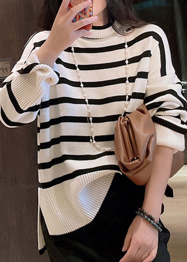 Casual Black Hign Neck Striped Versatile Knitted Sweaters Winter