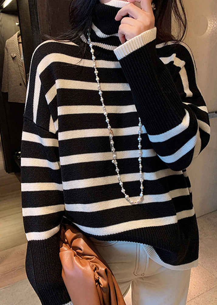 Casual Black Hign Neck Striped Versatile Knitted Sweaters Winter