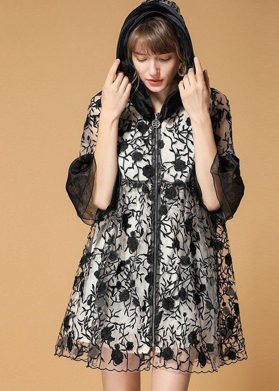 Casual Black Hooded Embroidered Patchwork Organza Coats Half Sleeve