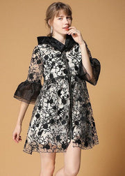 Casual Black Hooded Embroidered Patchwork Organza Coats Half Sleeve