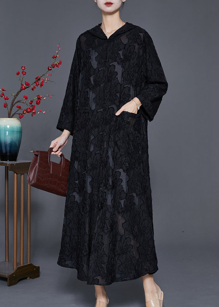 Casual Black Hooded Jacquard Lace Robe Dresses Spring