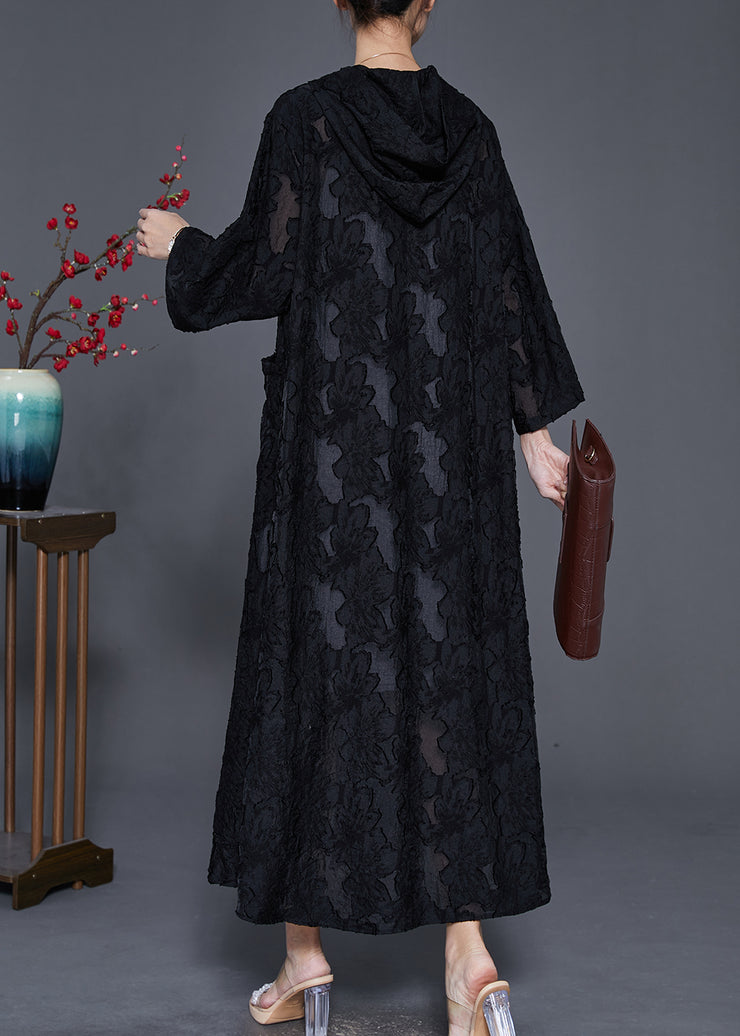 Casual Black Hooded Jacquard Lace Robe Dresses Spring