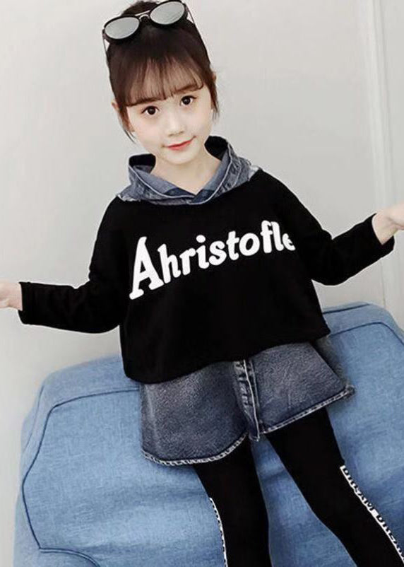 Casual Black Hooded Patchwork Denim Baby Girls Top Fall