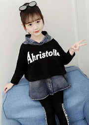 Casual Black Hooded Patchwork Denim Baby Girls Top Fall