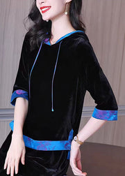 Casual Black Hooded Patchwork Silk Velour Pullover Sweatshirt Half sleeve