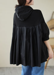 Casual Black Hooded Wrinkled Patchwork Cotton T Shirt Top Summer