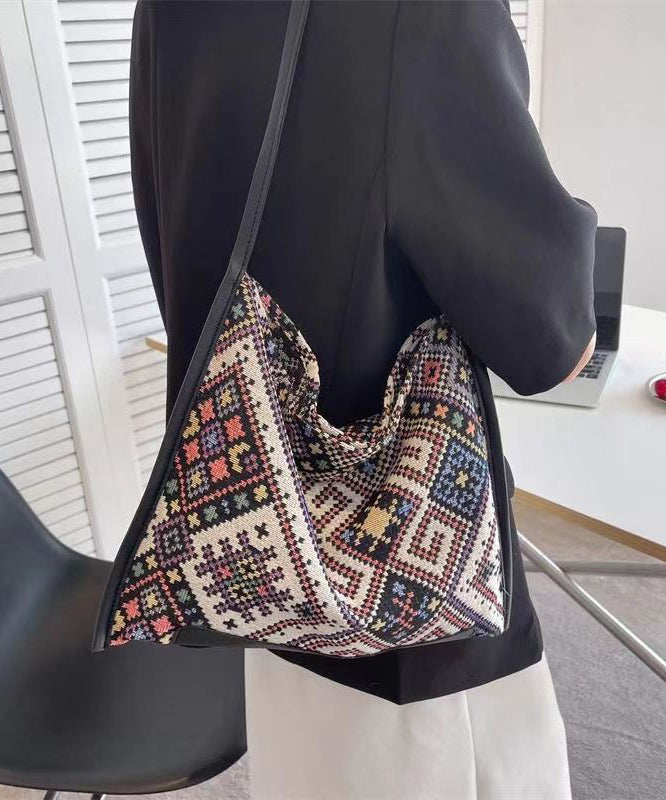 Casual Black Jacquard Canvas Satchel Handbag