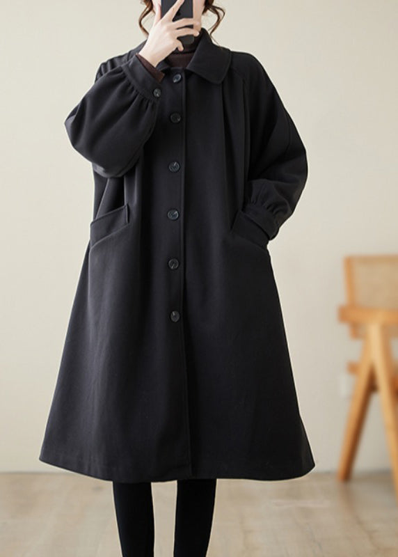 Casual Black Lapel Oversized Woolen Trench Spring