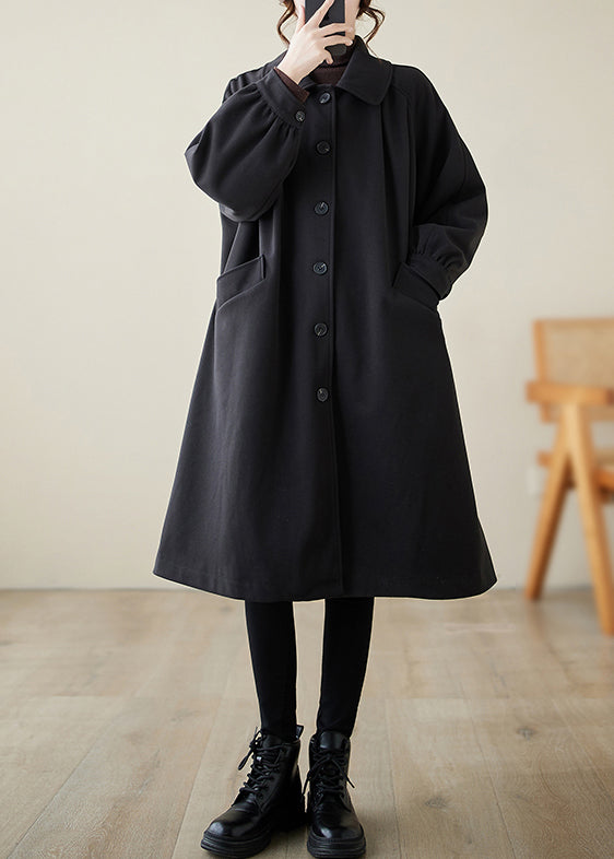 Casual Black Lapel Oversized Woolen Trench Spring