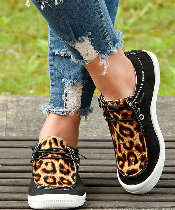 Casual Black Leopard Print Flat Feet Shoes Splicing Lace Up Flat Feet Shoes