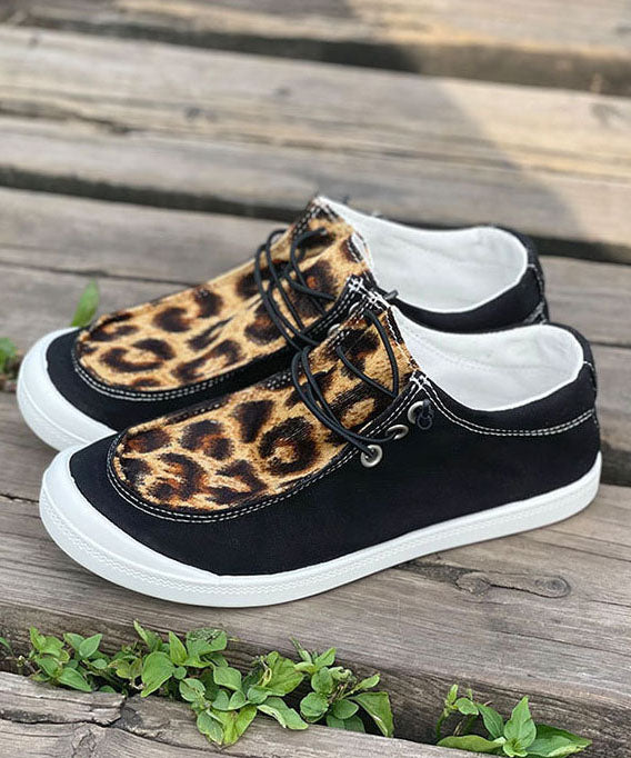 Casual Black Leopard Print Flat Feet Shoes Splicing Lace Up Flat Feet Shoes