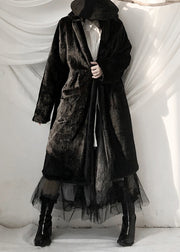 Casual Black Notched Rabbit Hair Thick Maxi Trench Coats Fall