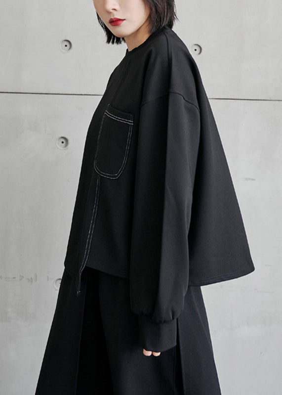 Casual Black O-Neck Asymmetrical Pockets Patchwork Top Long Sleeve
