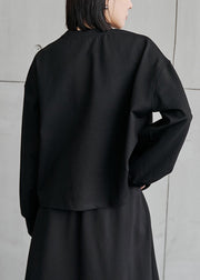 Lässiger schwarzer O-Ausschnitt, asymmetrische Taschen, Patchwork-Oberteil mit langen Ärmeln