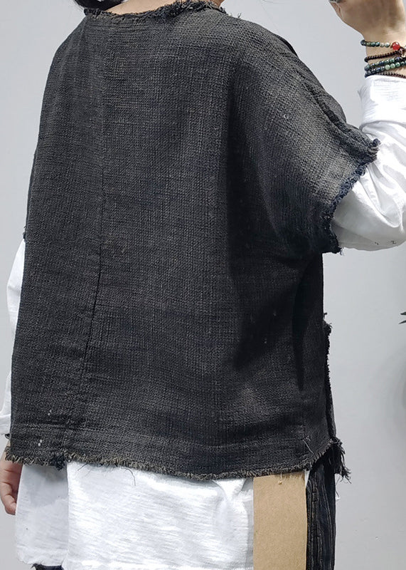 Casual Black O-Neck Asymmetrical pocket Linen Tank Tops Short Sleeve