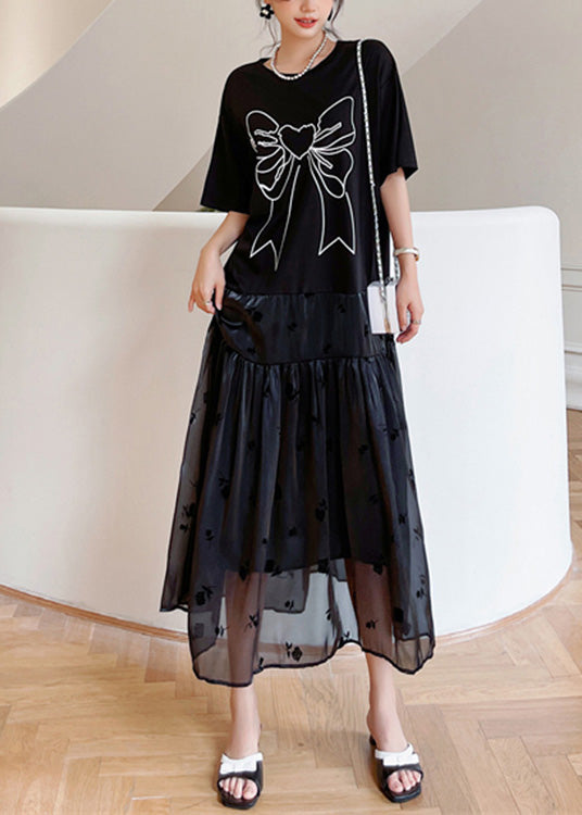 Casual Black O-Neck Bow Tulle Patchwork Cotton Maxi Dresses Summer