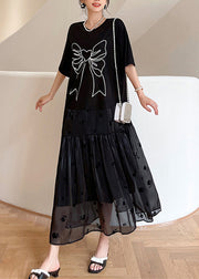 Casual Black O-Neck Bow Tulle Patchwork Cotton Maxi Dresses Summer