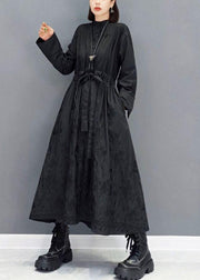Casual Black O-Neck Button Maxi Dresses Fall Long Sleeve - SooLinen
