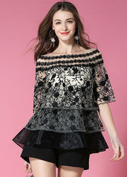 Casual Black O-Neck Embroidered Organza Tops Summer