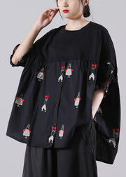Casual Black O-Neck Embroidered Patchwork Cotton Shirts Short Sleeve
