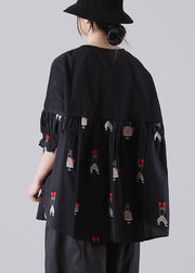 Lässige schwarze O-Neck bestickte Patchwork-Baumwollhemden mit kurzen Ärmeln