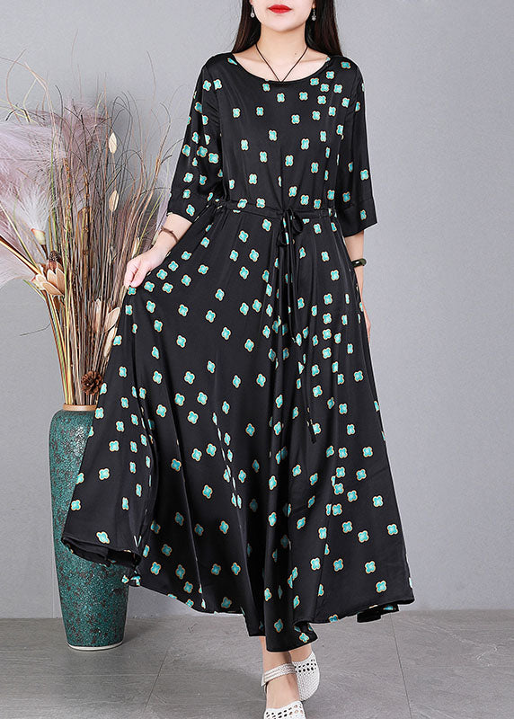 Casual Black O-Neck Floral Print Drawstring Exra Large Hem Silk Cinch Dress Half Sleeve