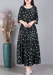 Lässiges schwarzes O-Neck-Blumendruck-Kordelzug Extra großer Saum Seiden-Cinch-Kleid mit halben Ärmeln
