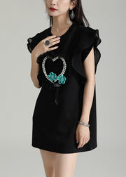 Casual Black O Neck Nail Bead Floral Cotton Short Dresses Butterfly Sleeve