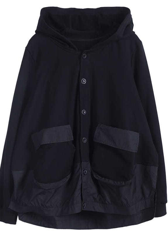 Casual Black O-Neck Patchwork Pockets Button Hooded Coat Long Sleeve