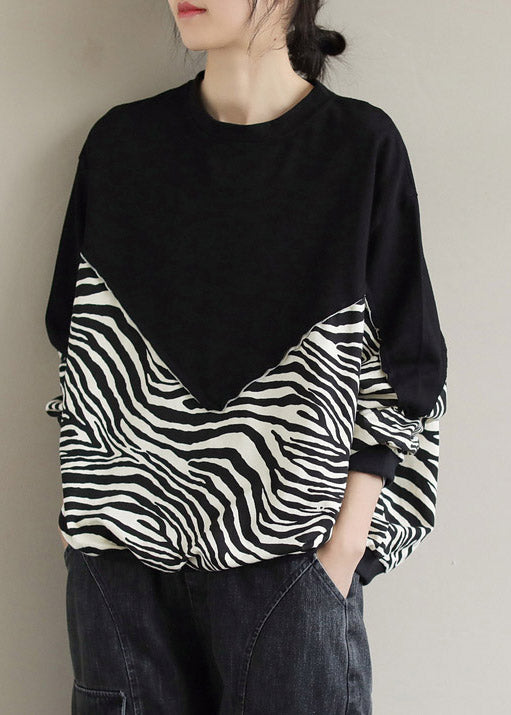 Casual Black O-Neck Patchwork Pullover Sweatshirt Long Sleeve