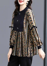Casual Black O-Neck Patchwork Striped Print Shirt Tops Long sleeve