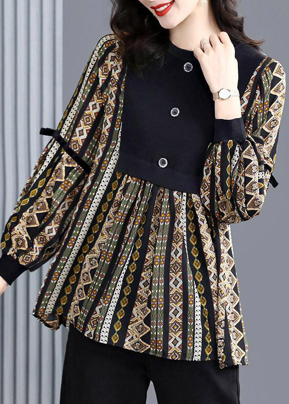 Casual Black O-Neck Patchwork Striped Print Shirt Tops Long sleeve