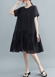 Casual Black O-Neck Patchwork Wrinkled Cotton Dresses Summer